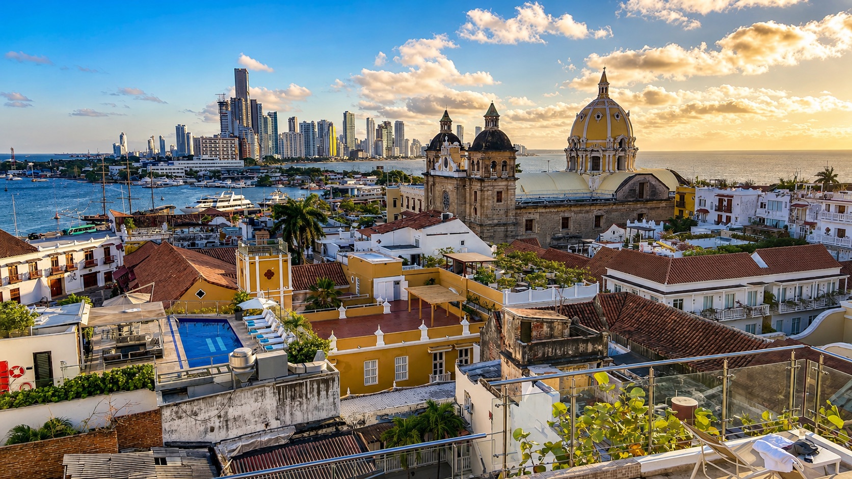 Vista aérea del Centro Histórico de Cartagena y el mar Caribe